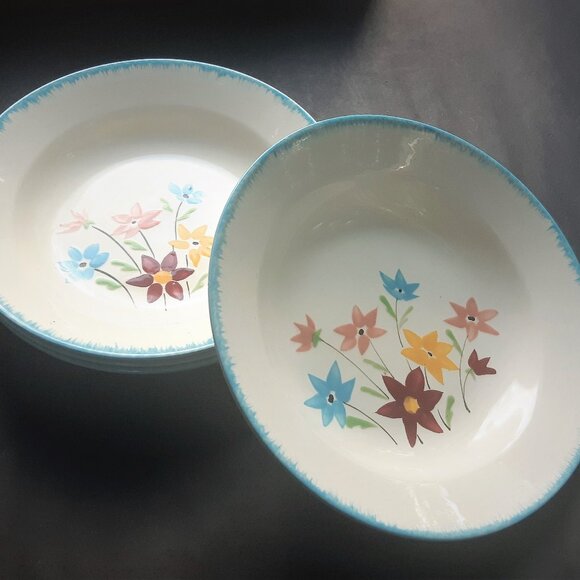 4 Bowls Made in France Salins Avril Hand Painted Folk Art Farmhouse Cottage Blue - Picture 4 of 7